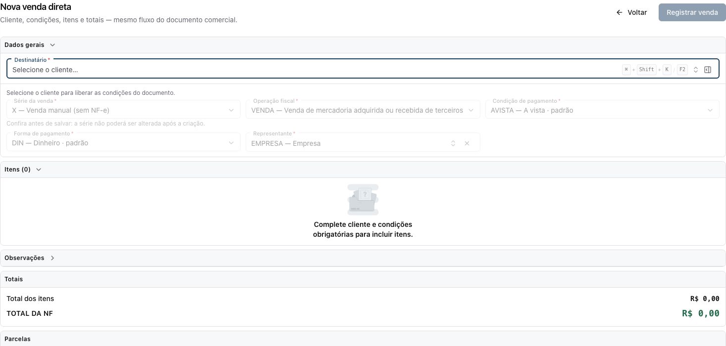Nova venda direta: cliente, série e condições