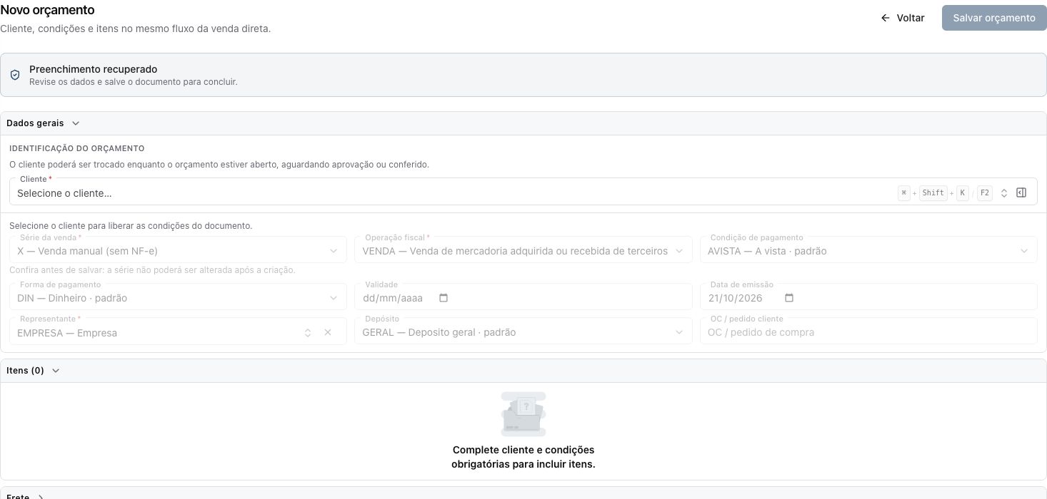 Formulário de novo orçamento: identificação e condições