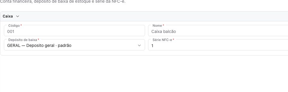 Identificação e parâmetros de um novo caixa — trecho do formulário