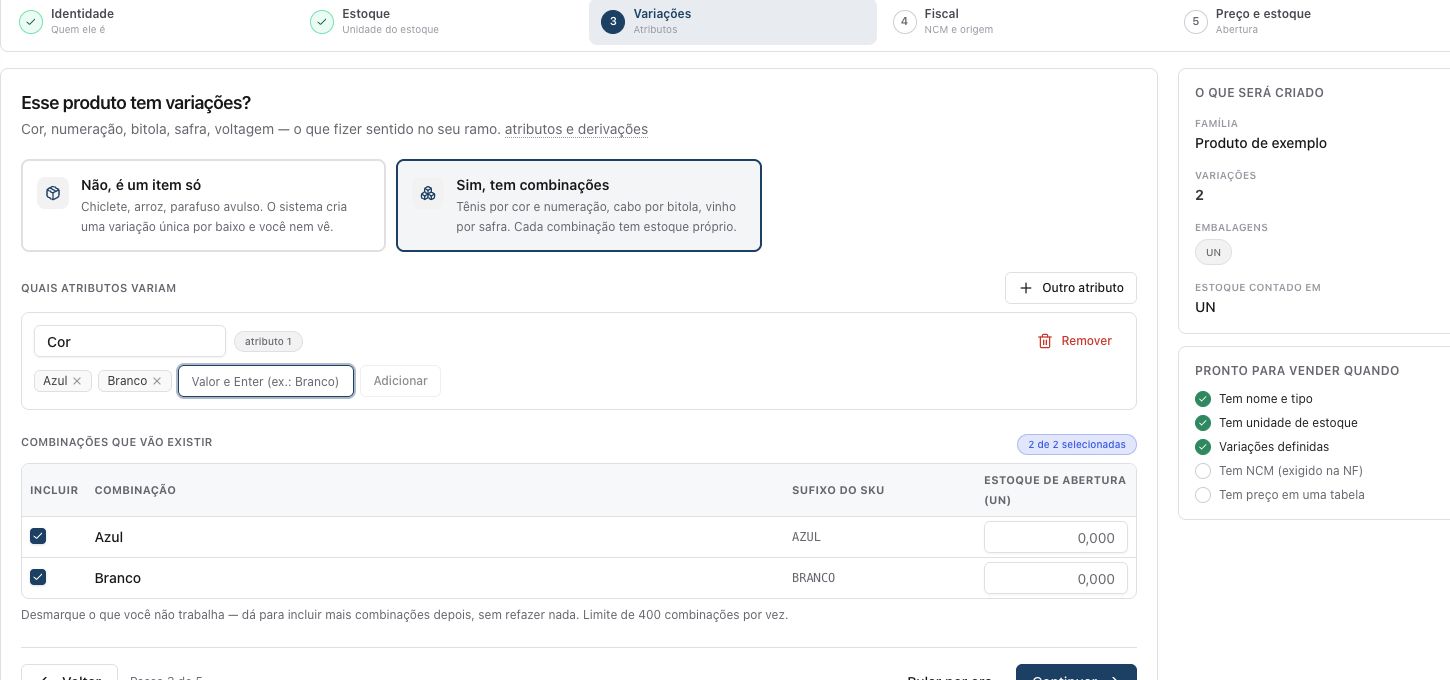 Exemplo não gravado: atributo Cor com variações Azul e Branco